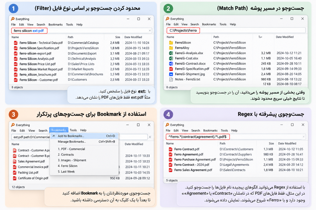 آموزش ترفندهای جستوجو در Everything شامل Filter، Match Path، Bookmark و Regex